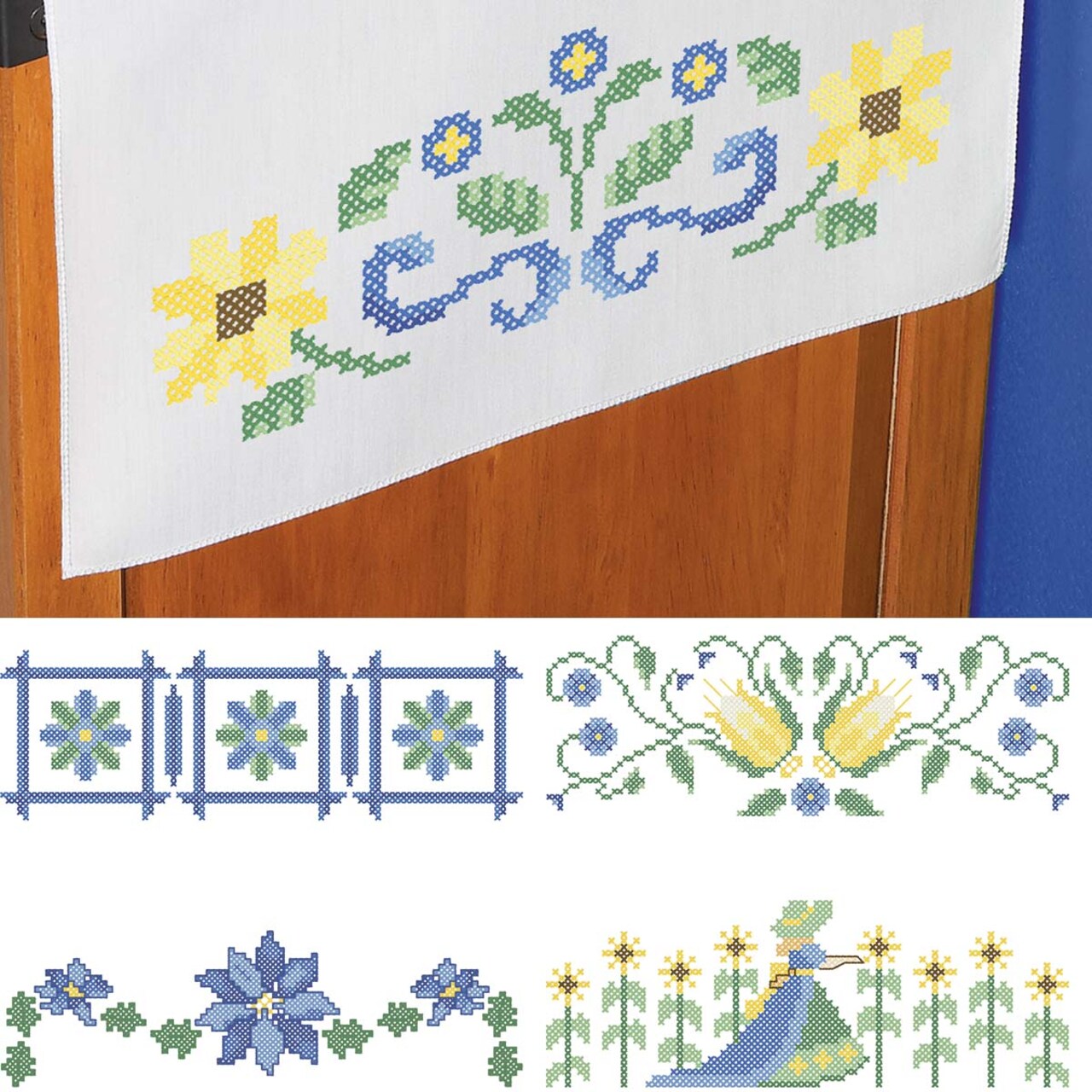 Herrschners Yellow & Blue Beauties Dresser Scarves Stamped Cross-Stitch